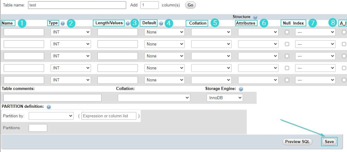 ایجاد جدول با استفاده از "phpmyadmin"