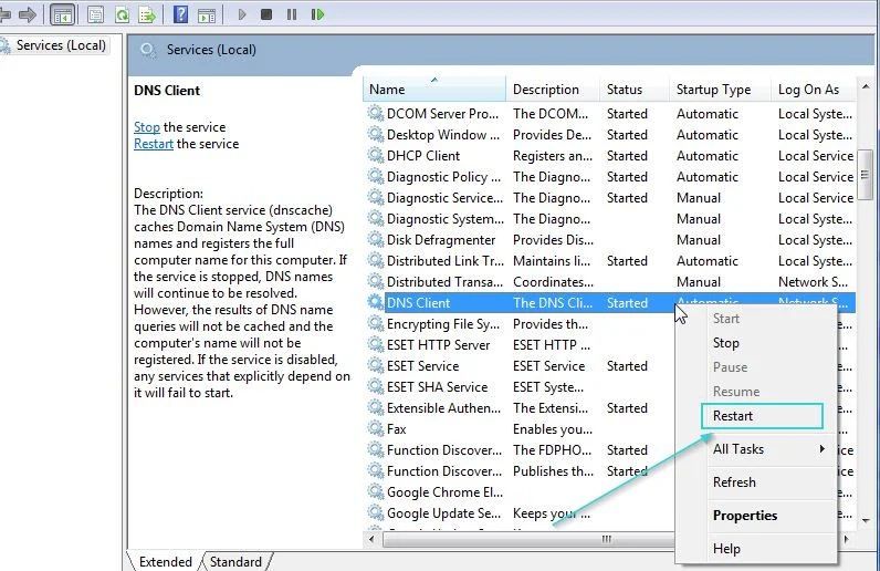 DNS Client را ریستارت کنید.
