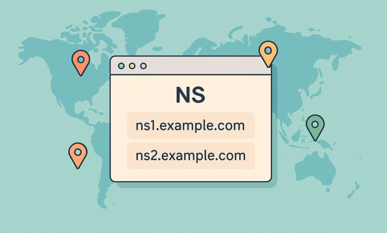 تصویر مفهومی از مشاهده Name Server های دامنه با نقشه جهانی و پنجره مرورگر؛ مناسب برای آموزش بررسی NS دامنه و ابزارهای DNS Lookup